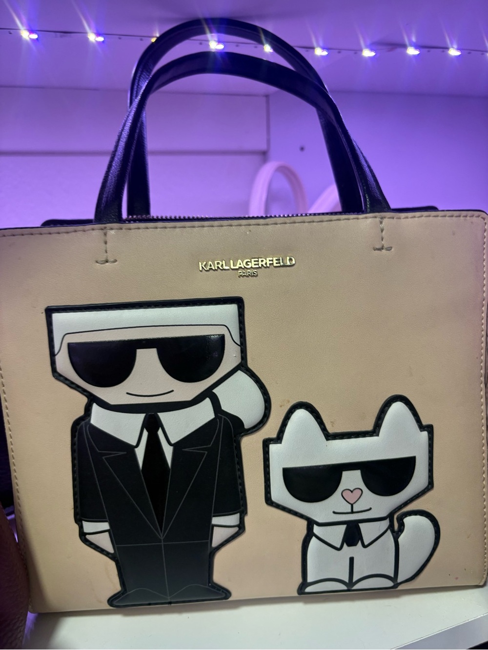 Karl Lagerfeld Beige Satchel with Black Appliqué Characters